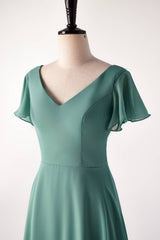 Flare mouwen eucalyptus chiffon lange bruidsmeisje jurk