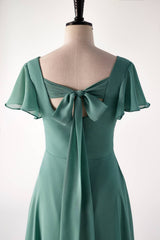 Flare mouwen eucalyptus chiffon lange bruidsmeisje jurk