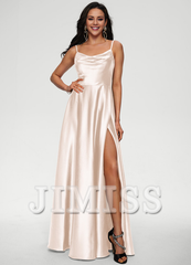 A-line draped floor-length satin prom dress