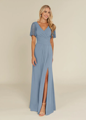 A-Line V-Neck Lace Chiffon Dusty Blue formal dresses evening dress Mother of the Bride Dresses