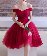 Burgundy off shoulder short prom dress, burgundy homecoming