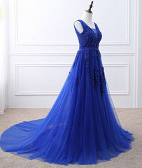 Blue v neck tulle lace long prom dress, blue evening dress