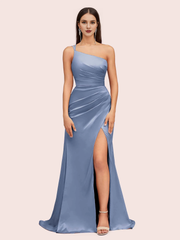 one shoulder bridesmaid dresses soft satin marmaid dress for wedding guest with side slit