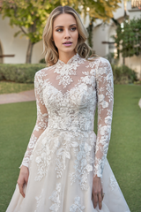 A-line strapless chicken heart collar high neck long sleeved and floor length wedding dress