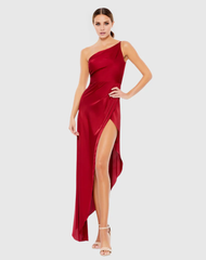 One shoulder draped satin sleeveless slit floor-length evening dress