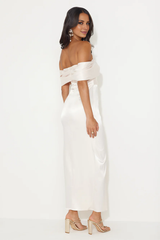 Jimiss off shoulder collar satin side slit long Prom dress