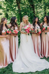 Weitese Beautiful A Line Spaghetti Straps Blush Long Bridesmaid Dress with Split Front