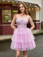 Strapless tight corset with layered chiffon upper layer short Homecoming dress