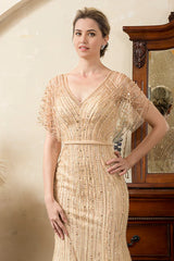 Mermaid Beading V-neck Glitter Mother of Bride Dress