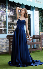 A-line V-neck slim shoulder strap sleeveless and floor length Prom dress