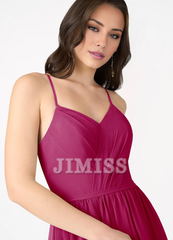 A-line V-neck slim shoulder strap backless and floor length evening dress