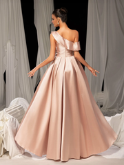 A-line asymmetrical collar satin side slit and floor length Prom Dress - LD Dress