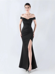 Off shoulder collar pleated hem split and floor length Prom Dress - LD Dress