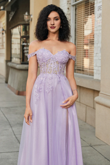 Purple A-line off shoulder lace sheer tight corset for evening dress