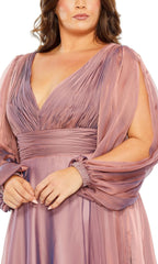 A-line V-neck long sleeved high waisted pleated shirt body Prom dress