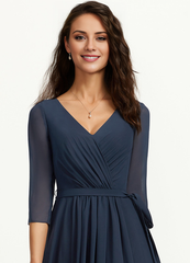 A-line V-neck asymmetric pleated chiffon bridesmaid dress