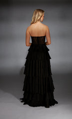 Satin chiffon strapless A-line evening gown backless tight corset ruffled skirt long formal dress