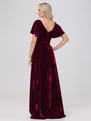 V-neck short sleeved ruffled velvet and floor length bridesmaid dress