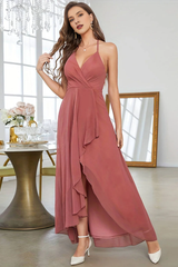 Coral A-line asymmetrical hanging neck sleeveless evening dress