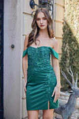 Embroidered lace applique short off shoulder dress