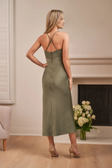 Crepe backed Chamiyus tight fitting thin shoulder strap cross side slit shoulder strap bridesmaid dress