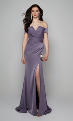 Off shoulder slim fit trumpet shaped side slit formal long mothers of the bride dresses