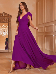 Solid color V-neck hanging back chiffon A-line and floor length Prom Dress - LD Dress