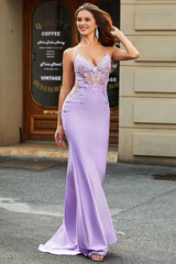 Light purple fish tail V-neck backless bead decal evening dress