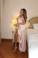 Jimiss Fashion Mermaid Off Shoulder Pink Long Front Split Prom Dress