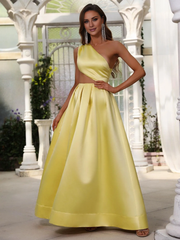 One shoulder hollow satin and floor length formal dress