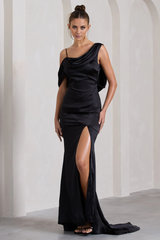Asymmetric hanging slit and floor length evening dress with satin fabric - Jimiss dress