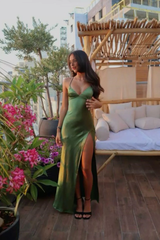 Jimiss V-neck emerald green high slit long dress