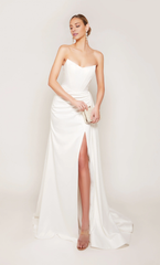 Perfect satin strapless straight tube backless tight corset with slit wedding dress