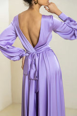 Jimiss - Long sleeved boat neck satin and floor length Prom dress