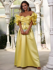 A-line pleated ruffled satin and floor length formal dress
