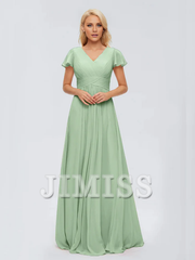 A-line V-neck chiffon side slit and floor length bridesmaid dress