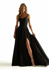 A-line hanging satin collar and floor length evening gown