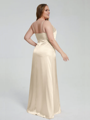 Split plus size soft satin and floor length bridesmaid dress