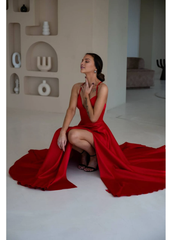 Jimiss slim shoulder strap V-neck backless side slit and floor length evening dress