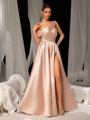 Slant neck slit A-line satin and floor length formal dress