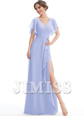 Ruffled A-line V-neck Floor-length Chiffon Bridesmaids Dress