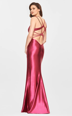 Mermaid deep V-neck satin thin shoulder strap and floor length evening dress