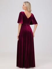 A-line V-neck short sleeved velvet and floor length bridesmaid dress