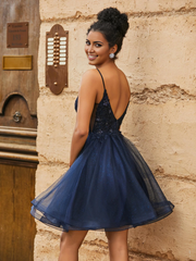 Floral transparent lace top V-neck short Homecoming dress