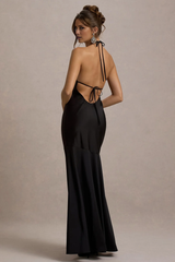 Hanging neck collar satin backless mid length evening dress - Jimiss dress