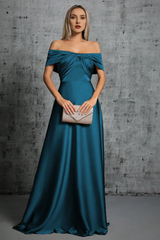 Peacock blue satin off shoulder pleated formal dress