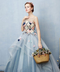 Unique round neck tulle applique long prom dress, blue evening dress