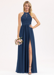 A-line Scoop Neck Floor Length Lace Chiffon Bridesmaids Dress