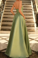 Jimiss stunning sage green A-line off shoulder long satin slit Prom dress