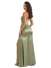 Elegant and soft satin side slit one shoulder unique fish tail bridesmaid dress